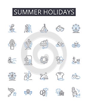 Summer holidays line icons collection. Vacation, Break, Getaway, Trip, Retreat, Respite, Leisure time vector and linear