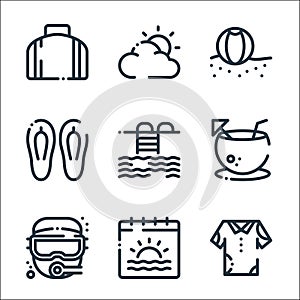 summer holidays line icons. linear set. quality vector line set such as clothing, calendar, diving, coconut, pool, sandals, beach