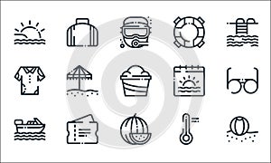 summer holidays line icons. linear set. quality vector line set such as beach ball, watermelon, boat, temperature, ticket,