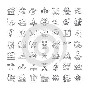 Summer holidays linear icons, signs, symbols vector line illustration set