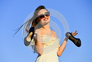 Summer holidays. Model tender summer dress. Freedom. Girl in sunglasses copy space. Towards summer. Afterparty concept