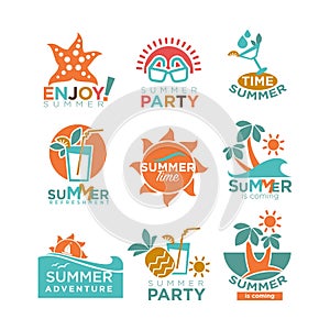 Summer holidays or party and travel adventure vector icons set