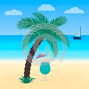 Summer holidays. Relax on the tropical beach. A glass of cocktail under a palm tree. Vacation vector illustration. Design template