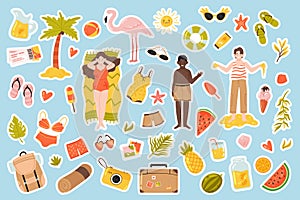 Summer holidays stickers set, cute tropical travel beach collection and sunbathing people