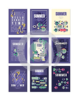 Summer holidays, travel and fishing greeting cards set of vector Illustrations, design element for banner or poster