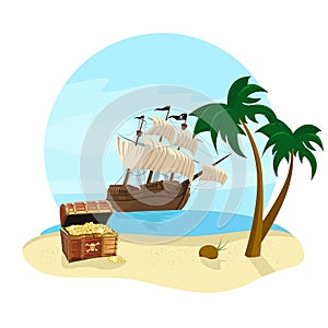 Summer holidays travel icon with pirate ship, coconut tree, treasure chest and beach