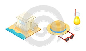 Summer holidays and tropical vacation objects set. Beach bungalow, straw hat and sunglasses isometric vector