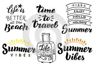 Summer holidays typography set. Summer travel, adventures concept. Vacations theme lettering sticker, logo, poster, banner, quote