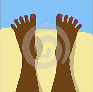 Summer holidays vacation black skin feet on the beach. Feet of african person resting at sea shore.