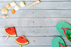 Summer holidays vacation concept,pineapple watermelon on wooden background with copy space