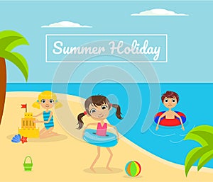 Summer Holliday Banner Template with Cute Kids Playing on Tropical Beach Vector Illustration