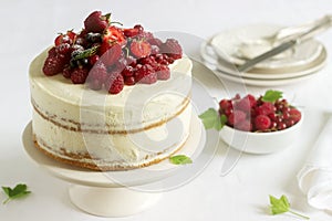 Summer home biscuit cake with curd cream, decorated with fresh berries of strawberries, raspberries and currants.