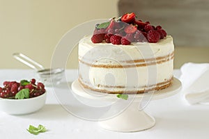 Summer home biscuit cake with curd cream, decorated with fresh berries of strawberries, raspberries and currants.