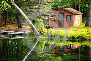Summer home cabin in the woods at the lake