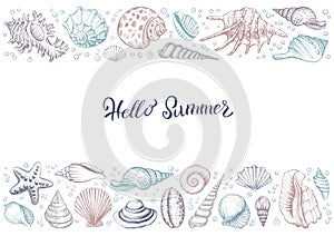 Summer horizontal colorful vintage banner with seashells.