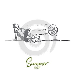 Summer, hot, man, dog concept. Hand drawn isolated vector.