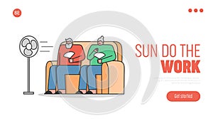 Summer Hot Period Of Time. Website Landing Page. Aged People Sitting On Sofa Use Fans To Get Little Bit Cool Of Heat