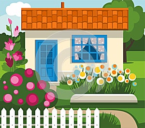 Summer house, garden, flowers, lawn.