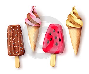 Summer ice cream and popsicle vector set. Tropical refreshment food collection