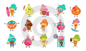 Summer ice cream stickers. Funny doodle desserts and fruits with cute faces doing summer activities. Vector elements for