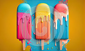 Summer ice lolly popsicle colorful melting ice cream, generative AI