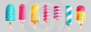 Summer ice pop vector set. Summer popsicle refreshments and ice cream sweet desserts.