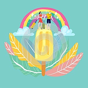 Summer icecream concept, happy couple man and woman on vacation walking under rainbow cartoon flat vector illustration.