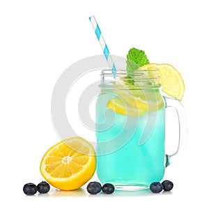 Summer iced blue lemonade in a mason jar glass isolated on white