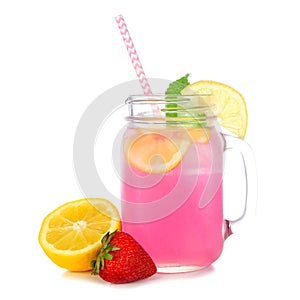 Summer iced pink lemonade in a mason jar glass isolated on white