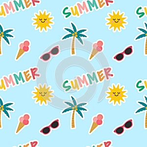 Summer icon seamless pattern. Colorful summer seamless pattern with tropical fruits, ice cream, leaves, Toucan, Flamingo
