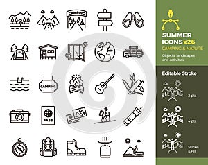 Summer icons, Camping and Nature. Objects, landscapes and activities. Vector thin line illustration. Easily editable stroke