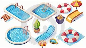 summer icons with pools, sun loungers, umbrellas, lifebuoys