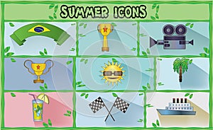 Summer icons set with brasil flag ribbon, rally flags and lemonade, flat style.