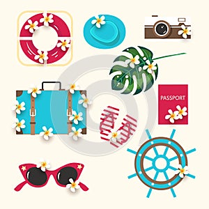 Summer icons Set with exotic palm leaves camera, hat, lifebuoy, passport, suitcase, flip flops, glasses, steering wheel, tropical