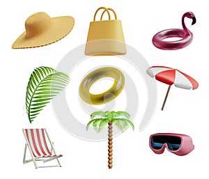 Summer icons set. Hat bag inflatable flamingo palm leaf deck chair umbrella goggles. 3d rendering