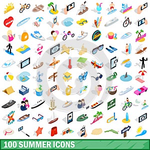 100 summer icons set, isometric 3d style