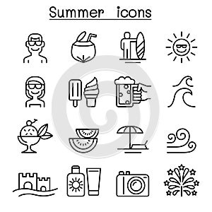 Summer icons set in thin line style