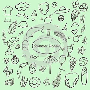 Summer icons vector set, summer doodles, summer holiday elements, vacation, hand drawn doodles