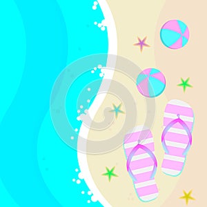 Summer illustration with a beach, sandals, and ball