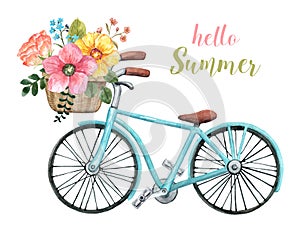 Summer illustration of a blue bike and flowers in a basket. Watercolor bicycle painting