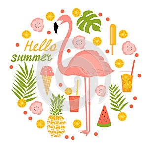 Summer illustration with flamingos, ice cream and flowers