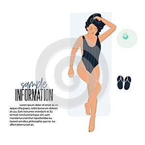 Summer illustration girl in swimwear laying on the beach. Flat clipart model woman in bikini with cocktail. Fashion