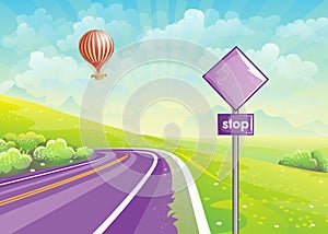 Summer illustration with highway, meadows and a balloon in the s