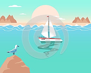 Summer illustration, seascape with white yacht, seagull, mountains at sunset or sunrise. Pastel colors. Print, poster