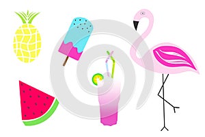Summer illustration set - flamingo, cocktail, watermelon, ice cream, pineapple