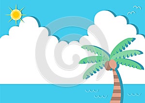 Summer image illustration. Summer sky, sea, palm trees and the sun.