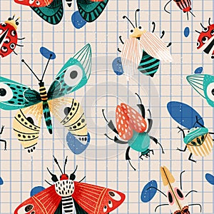 Summer insects cute pattern with beetles, moths and butterflies.