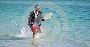 summer inspiration for business man. Beach for the director businessman. Businessman director running at the beach