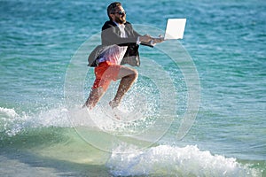 summer inspiration for business man. Beach productivity for director businessman. Businessman director running at the