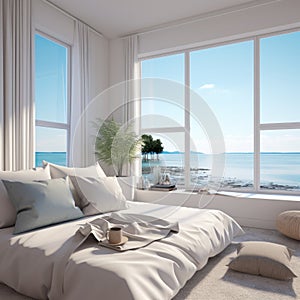 Summer interior background. White pillows on bed against of big window with stunning sea view. Interior design of bedroom